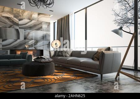 3d rendering living room with sofa near winter scene outside window Stock Photo
