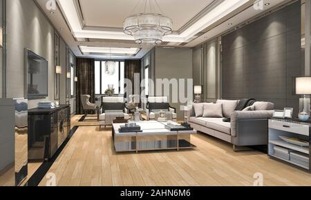3d rendering luxury and modern living room and dining room Stock Photo