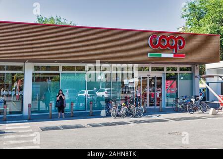 BOLOGNA, ITALY - JULY 10, 2019: People visit Coop store. Coop is a system of Italian consumers' cooperatives which operates the largest supermarket ch Stock Photo