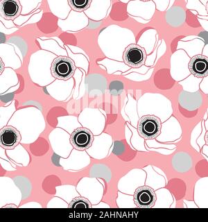 White Anemone Flower Design Pattern on Pink Background and Confetti. Beauty in Nature Stock Vector