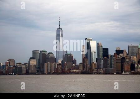 Manhattan skyline from Liberty Island, New York Harbour, New York, USA. Stock Photo