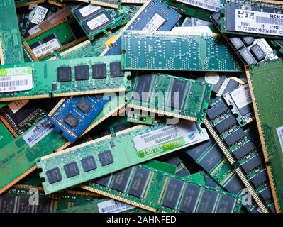 Wien/Austria - june 4 2019: pile of discarded computer memory boards  sorted on a bin  in a recycling and recovery compound in vienna Stock Photo