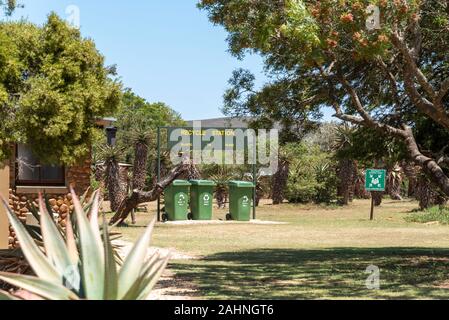 Swellendam, Western Cape, South Africa. December 2019. Recyling bins for plastic, tin and glass on a campsite in South Africa Stock Photo