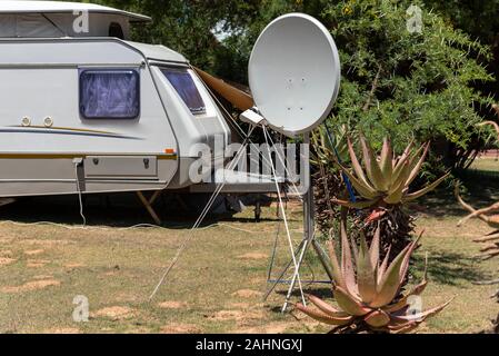 Swellendam, Western Cape, South Africa. December 2019. Portable satellite dish on a campsite in Africa Stock Photo