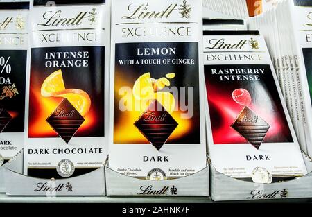 Samara, Russia - December 21, 2019: Lindt Exellence assorted chocolate bars on the shelf in grocery store. Lindt is a Swiss chocolatier and confection Stock Photo