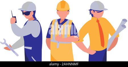 Builders architects and engineers men design of Construction working maintenance worker job workshop repairing and progress theme Vector illustration Stock Vector