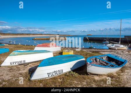 France, Morbihan, Hoedic, port de la Croix, the village and Houat ...