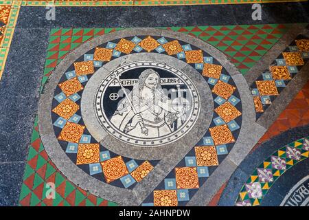 Decorative ceramic tiles on the floor of  Lichfield Cathedral, Lichfield, Staffordshire, England, United Kingdom