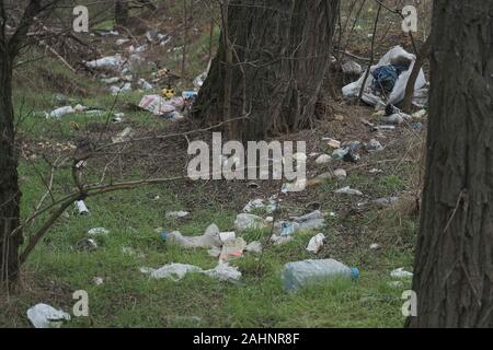 Kherson Oblast, Ukraine, Eastern Europe. 26th Mar, 2019. Forest pollution, plastic garbage in the pinewood. Dump plastic debris in pine tree forest. Dump garbage in woods of Ukraine. Environmental plastic pollution is ecological problem. Kherson Oblast, Ukraine, Eastern Europe Credit: Andrey Nekrasov/ZUMA Wire/Alamy Live News Stock Photo