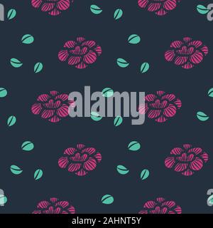 seamless vector pattern with pink flower heads and green leaves on a dark background Stock Vector