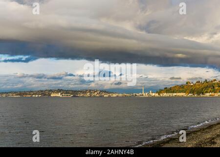 A view of condos at Alki Beach and the Seattle skyline. Stock Photo