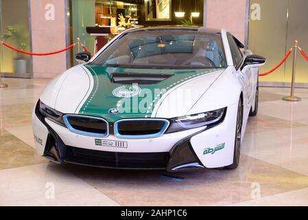 DUBAI, UAE - NOVEMBER 16: The BMW i8 electric car of Dubai Police is on Dubai Motor Show 2019 on November 16, 2019 Stock Photo