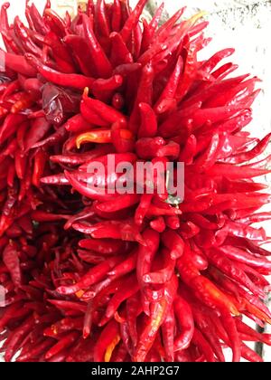 Close up of hatch red chillies tied together into a rista Stock Photo