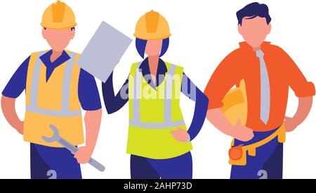 Builders architects engineers men and woman design of Construction working maintenance worker job workshop repairing and progress theme Vector illustration Stock Vector