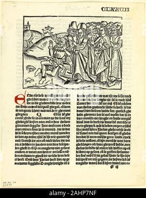 Unknown artist (Illustrator). Christ, after His Transfiguration, Exorcises the Devil from the Lunatic, from Leven Christi (Life of Christ), Plate 44 from Woodcuts from Books of the 15th Century. 1495. Netherlands. Woodcut in black, and letterpress in black with rubrication (recto and verso), on cream laid paper This sheet, detached from the 1495 edition of Life of Christ by the 14th-century German theologian Ludolph of Saxony, uses both words and image to describe a supernatural event in which Christ expels a demon from a man.The ability to print images alongside text opened new possibilities Stock Photo