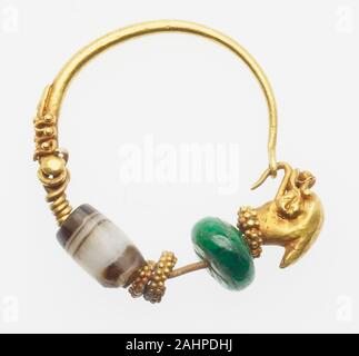 Ancient Greek. Earring with Dolphin Head Finial. 300 BC–101 BC. Ancient Greece. Gold, glass, sardonyx Stock Photo