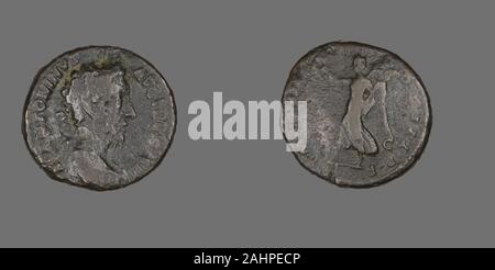 Ancient Roman. As (Coin) Portraying Emperor Marcus Aurelius. 177 AD–178 AD. Roman Empire. Bronze Stock Photo