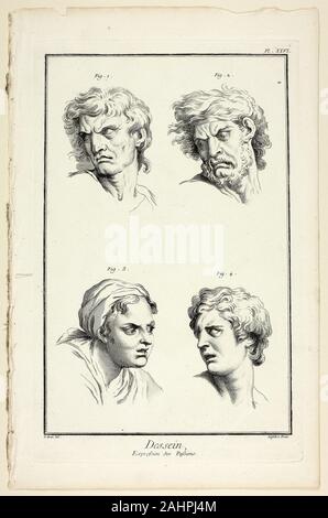 A. J. Defehrt. Drawing Expressions of Emotion (Hate or Jealousy, Anger, Desire, Physical Pain), from Encyclopédie. 1762–1777. France. Etching with engraving on cream laid paper Le Brun’s depictions of the strongest passions offer a darker side of human emotions. In his lecture he argued that hatred and jealousy could be indistinguishable, emphasizing the livid, enflamed flesh of those caught in the thrall of these emotions, and therefore the Encyclopédie does not attempt to distinguish them. Anger adopts a similarly turbulent manifestation, with the glare of desire retaining a steely focus. Fi Stock Photo