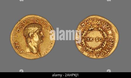 Ancient Roman. Aureus (Coin) Portraying Emperor Nero. 57 AD–58 AD. Rome. Gold Obverse Head of Nero right, bareReverse Oak wreath with inscription EX. SC Stock Photo