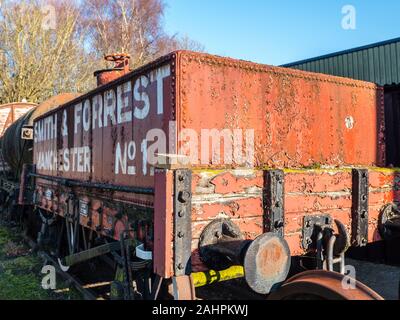 Red Railway Wagon, Winter, Didcot Railway Centre, Oxfordshire, England, UK, GB. Stock Photo