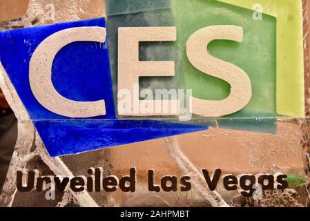 Ice sculpture with logo of CES Unveiled special showcase event held at CES, Consumer Electronics Show, Las Vegas, Nevada, USA Stock Photo