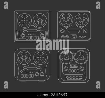 White line art images isolated on a dark grey background Retro Tape Recorders vector illustration. Four unique design elements. Stock Vector