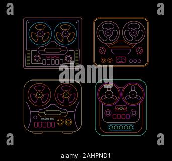 Neon colors isolated on a black background Retro Tape Recorders vector illustration. Four unique line art design elements. Stock Vector