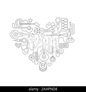 Dark grey line art isolated on a white background Musical Heart vector illustration. Heart shape design with music instruments. Each element are on a Stock Vector