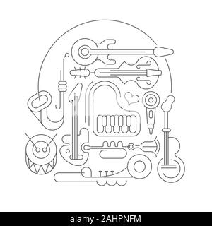 Grey line art isolated on a white background Music Design vector illustration. Abstract line art composition with different musical instruments. Stock Vector