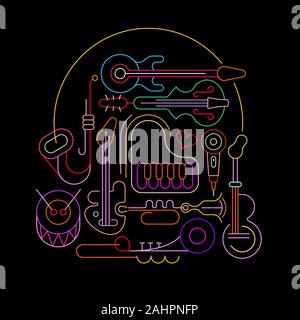 Neon colors isolated on a black background Music Design vector illustration. Abstract line art composition with different musical instruments. Stock Vector