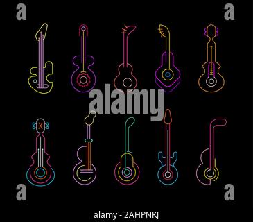 Neon colors isolated on a black background Guitars vector illustration. Set of neon line art editable vector icons. Each guitar icon is on a separate Stock Vector