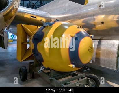A demilitarised post-war MKIII bomb painted to look like the Fat Man atomic bomb which was dropped on Nagasaki during WWII, National Museum of the United States Air Force, Dayton, Ohio, USA.  The bomb sits in front of the Boeing B-29 Superfortress which dropped it.
