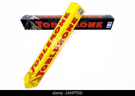 TOBLERONE Swiss Chocolate with Honey and Almond Nougat. TOBLERONE is a Swiss Chocolate bar produced by Mondelez Stock Photo
