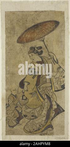 Torii Kiyonobu I. The Actors Matsumoto Hyozo as a woman holding an umbrella and Nakamura Shichisaburo I as a young boy. 1695–1705. Japan. Hand-colored woodblock print; hosoban, tan-e Stock Photo