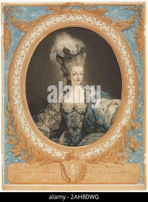 Jean François Janinet. Marie Antoinette. 1777. France. Etching and engraving printed on two sheets as follows oval portrait in wash manner on full sheet in yellow, blue, red, and black from four plates; decorative frame cut out in center, in blue and orange from two plates Very probably this rare print never appeared in a large edition not only because of the complicated procedure involved in its making, but also because the process was illegally borrowed from Jacques Fabien Gautier Dagoty, who received a royal license for the technique. Stock Photo
