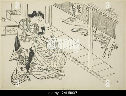 Okumura Masanobu. The Hanachirusato Chapter from The Tale of Genji (Genji Hanachirusato), from a series of Genji parodies. 1705–1715. Japan. Woodblock print; oban, sumizuri-e Stock Photo