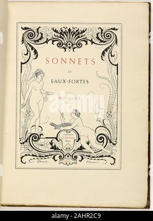 Jean Baptiste Camille Corot. Sonnets et eaux-fortes. 1869. France. Book with forty-two etchings and wood engravings in black, with letterpress in red and black, on cream laid paper, bound in hand-painted leather Stock Photo