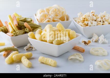 A close up view of an assortment of healthy puff snacks ready for eating. Stock Photo