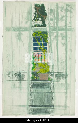Theodore Roussel. A Window Seen Through a Window. 1897. England. Color etching and aquatint, inked à la poupée, on cream laid paper Part of a set of nine color prints that debuted in 1899, this impression retains remnants of registration marks along the edges that were used to ink and print the plate successively with different colors. When trimmed and offered for sale, A Window Seen through a Window was placed on a light-blue-and-gold mount and surrounded by a frame in gray, green, rose, and gold. Three other prints from the set are shown in their complete ensembles in the adjacent gallery. Stock Photo