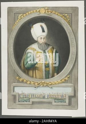 John Young. Soliman Kahn I, from Portraits of the Emperors of Turkey. 1815. England. Mezzotint, hand-colored with brush and watercolor, on ivory wove paper The tenth Ottoman sultan, Süleyman “the Magnificent” expanded his empire through Hungary, ruling exceptionally long, from 1520 to 1566. He besieged Vienna in 1529, setting all of Europe on edge, but did not in the end breach the city’s gates. He was a patron of the arts, both Eastern and Western, and his court accommodated several visiting artists, such as Melchior Lorck and Pieter Coecke van Aelst, who brought some of the first true repres Stock Photo