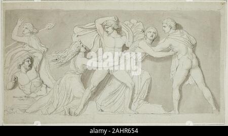 John Flaxman. Amphion and Zethus Delivering their Mother Antiope from the Fury of Dirce and Lycus. 1789. England. Pen and gray ink and brush and gray wash, over graphite, on gray laid paper, laid down on ivory wove paper A British sculptor and draughtsman who created figural designs for famed ceramicist Josiah Wedgwood, John Flaxman had a taste for the Neoclassical, which led him to Rome in 1787. While in the Eternal City, Flaxman produced this study for a nine-by-five-foot bas-relief using several references from ancient Roman sculpture. The drawing exhibits Flaxman’s signature elegance in fi