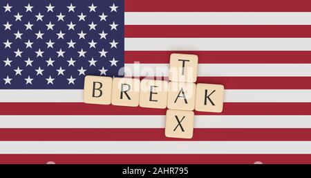 USA Politics Concept: Letter Tiles Tax Break On US Flag, 3d illustration Stock Photo