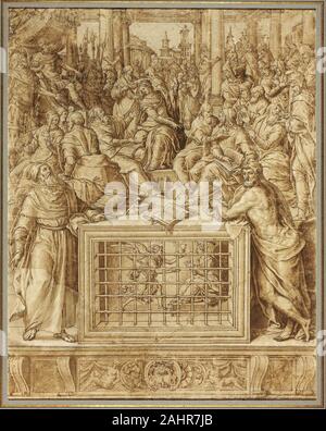 Livio Agresti. Saint Catherine Disputing with the Philosophers. 1562–1563. Italy. Pen and brown ink, with brush and brown wash, heightened with white gouache, over black chalk, on cream laid paper, pieced This highly finished sheet is a compositional proposal, or modello, for the high altar of Santa Caterina dei Funari in Rome. Commissioned by Cardinal Federico Cesi for the left wall of the sanctuary, the painting was begun by Agresti in 1562/63 but finished by Federico Zuccaro in 1571/72. The subject is a conflation of two scenes taken from the Golden Legend of Jacobus de Voragine. Above, Cat Stock Photo