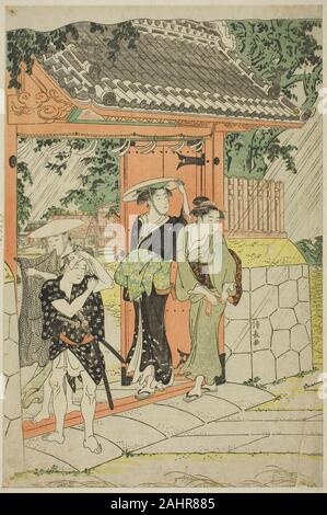 Torii Kiyonaga. Sudden Shower at Mimeguri Shrine. 1782–1792. Japan. Color woodblock print; left sheet of oban triptych Stock Photo