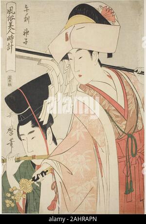 Kitagawa Utamaro. Hour of the Horse [12 am], Shrine Maiden (Uma no koku, miko), from the series “Customs of Beauties Around the Clock” ( Fuzoku bijin tokei ). 1793–1804. Japan. Color woodblock print; oban Stock Photo