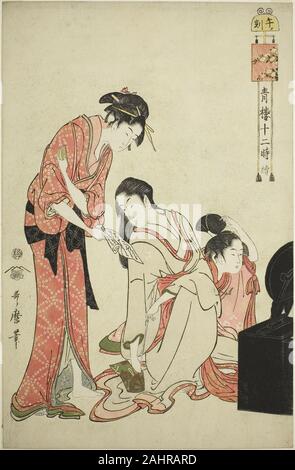 Kitagawa Utamaro. Hour of the Horse (Uma no koku), from the series Twelve Hours in Yoshiwara (Seiro juni toki tsuzuki). 1789–1799. Japan. Color woodblock print; oban Stock Photo