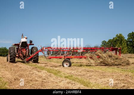 Man on International Harvester Farmall tractor, raking hay in a field in Galena, Illinois, USA.  (For editorial use only) Stock Photo
