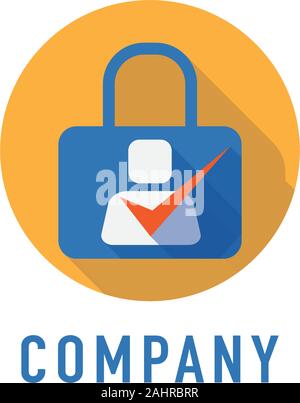 Personal Data Security Logo Design Template, Flat Design Long Shadow, Lock Symbol, Checklist People, Digital Security Logo Concept, Blue, Orange Stock Vector