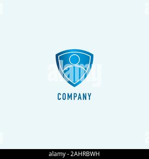 Personal Data Security Logo Design Template, Digital Security, Shield People Sign, Emblem Logo Concept, Blue Background Stock Vector