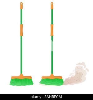 Cartoon plastic broom set. A broom sweeps dust and dirt. Housework, cleaning services, household, concept. Equipment, tools for cleaning element Stock Vector
